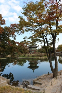 The pavilian named Hyangwonjeong in the center of the square pond named Hyangwonji.  